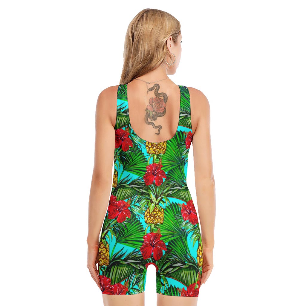 Pineapple Hibiscus Hawaii Pattern Print Sleeveless One Piece Swimsuit