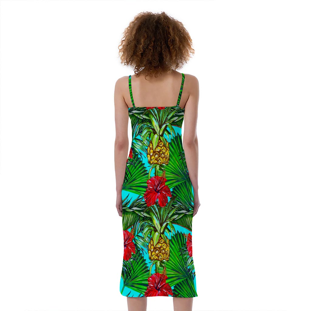 Pineapple Hibiscus Hawaii Pattern Print Slim Fit Midi Cami Dress