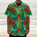 Pineapple Hibiscus Hawaii Pattern Print Textured Short Sleeve Shirt