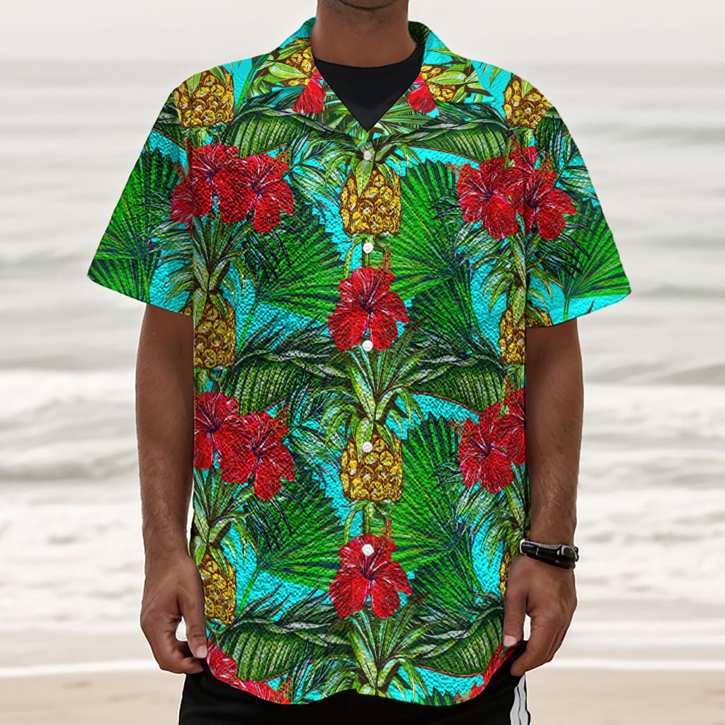 Pineapple Hibiscus Hawaii Pattern Print Textured Short Sleeve Shirt