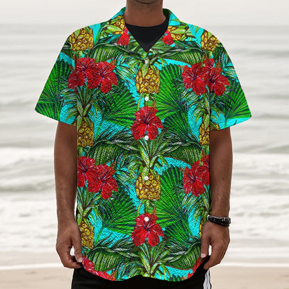 Pineapple Hibiscus Hawaii Pattern Print Textured Short Sleeve Shirt