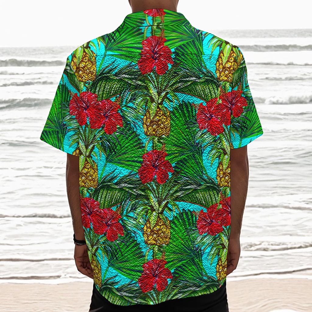 Pineapple Hibiscus Hawaii Pattern Print Textured Short Sleeve Shirt