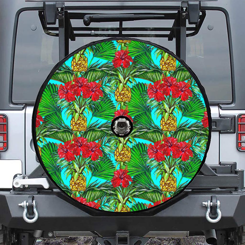 Pineapple Hibiscus Hawaii Pattern Print Tire Cover With Camera Hole