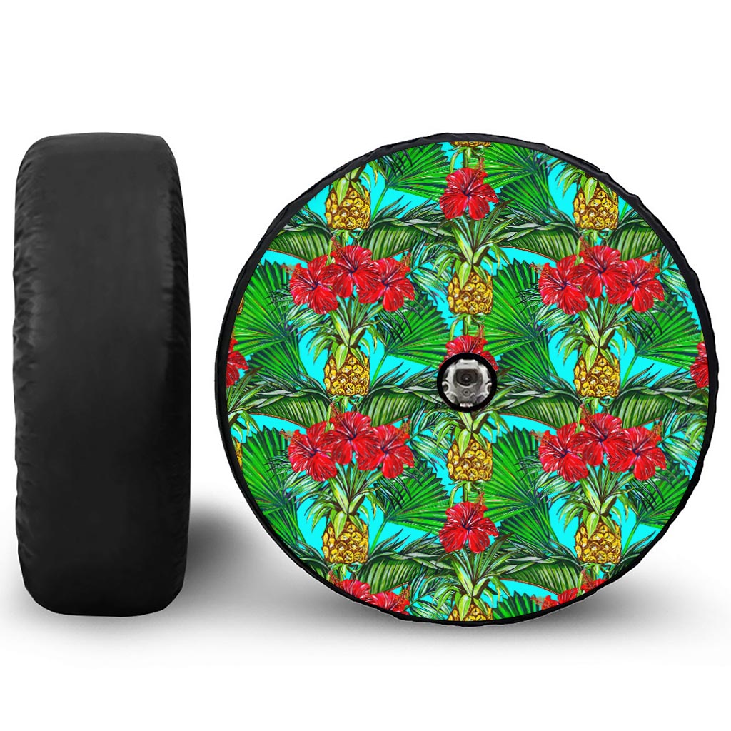 Pineapple Hibiscus Hawaii Pattern Print Tire Cover With Camera Hole