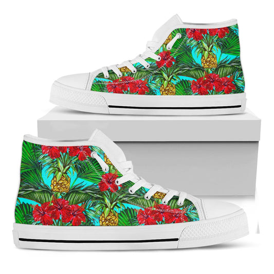 Pineapple Hibiscus Hawaii Pattern Print White High Top Sneakers