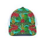 Pineapple Hibiscus Hawaii Pattern Print White Mesh Trucker Cap