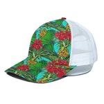 Pineapple Hibiscus Hawaii Pattern Print White Mesh Trucker Cap