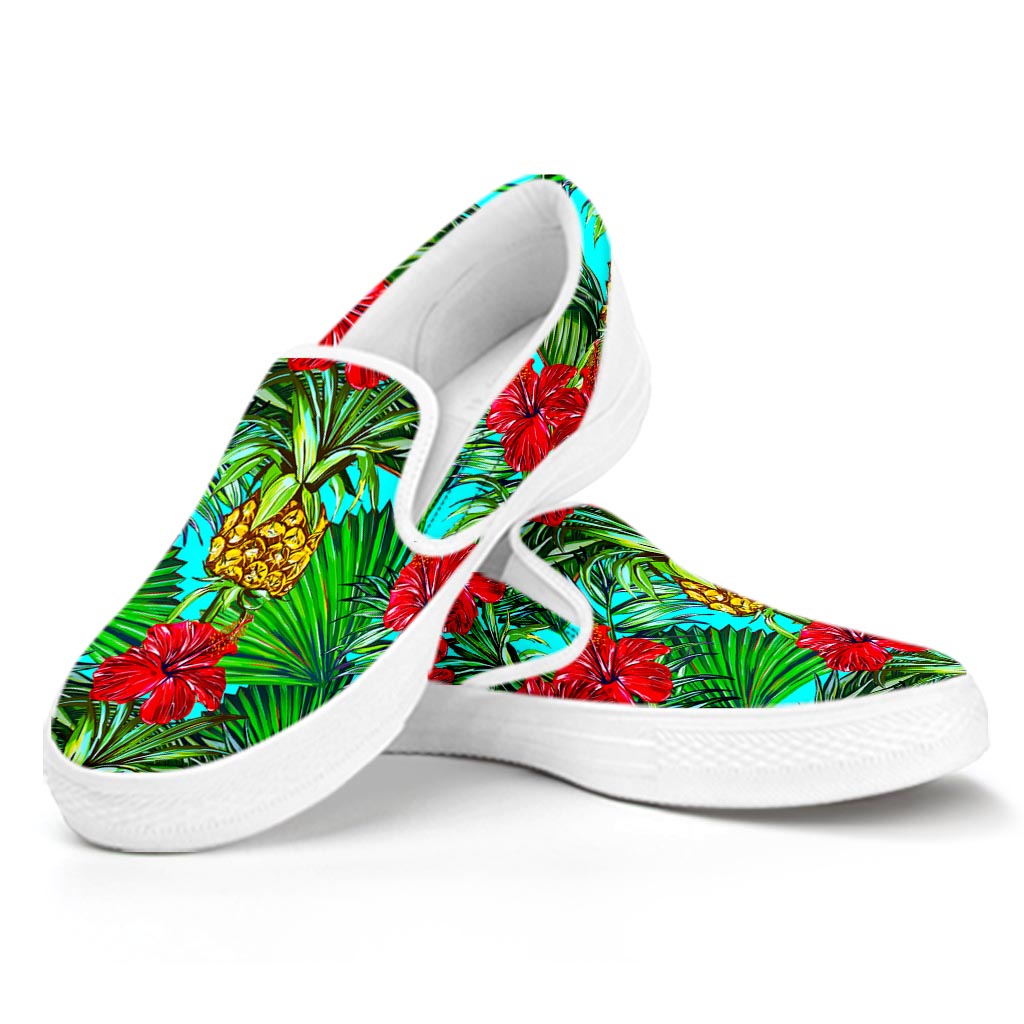 Pineapple Hibiscus Hawaii Pattern Print White Slip On Sneakers