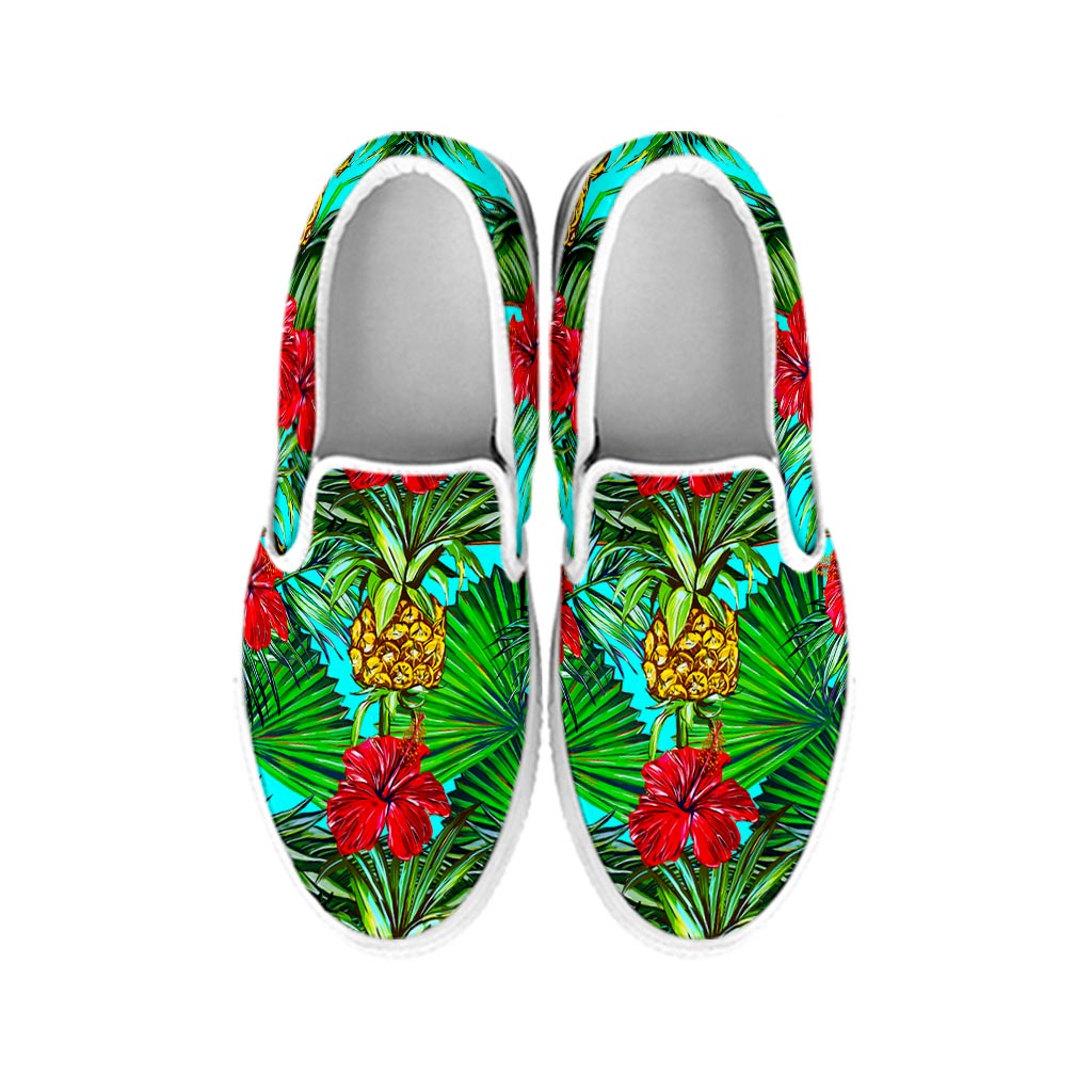 Pineapple Hibiscus Hawaii Pattern Print White Slip On Sneakers