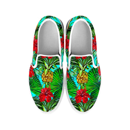 Pineapple Hibiscus Hawaii Pattern Print White Slip On Sneakers