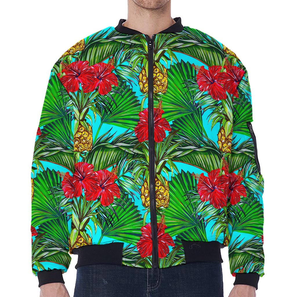 Pineapple Hibiscus Hawaii Pattern Print Zip Sleeve Bomber Jacket