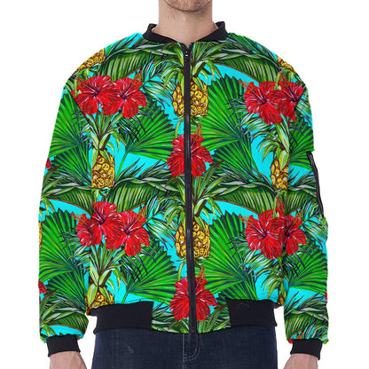 Pineapple Hibiscus Hawaii Pattern Print Zip Sleeve Bomber Jacket