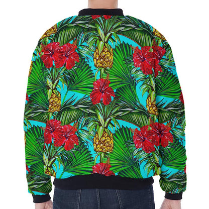 Pineapple Hibiscus Hawaii Pattern Print Zip Sleeve Bomber Jacket