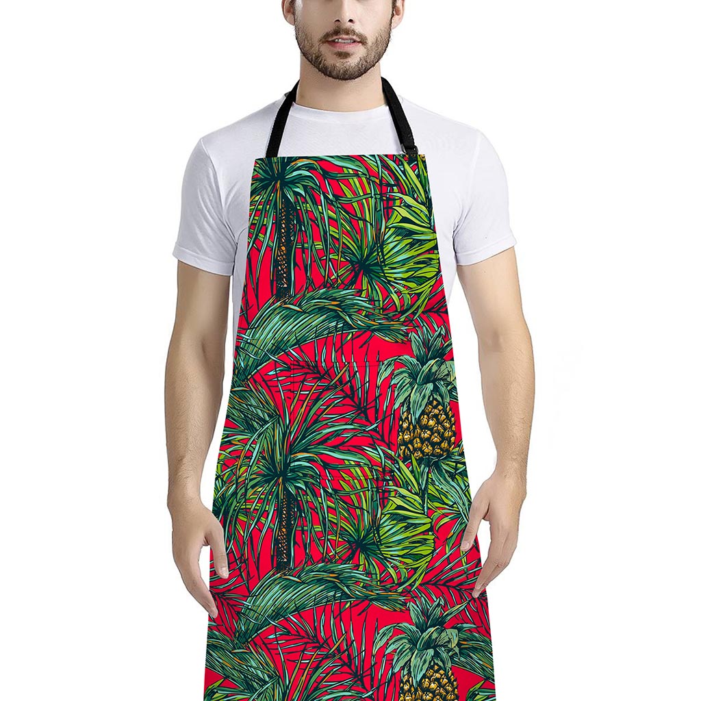 Pineapple Leaves Hawaii Pattern Print Bib Apron With Pocket