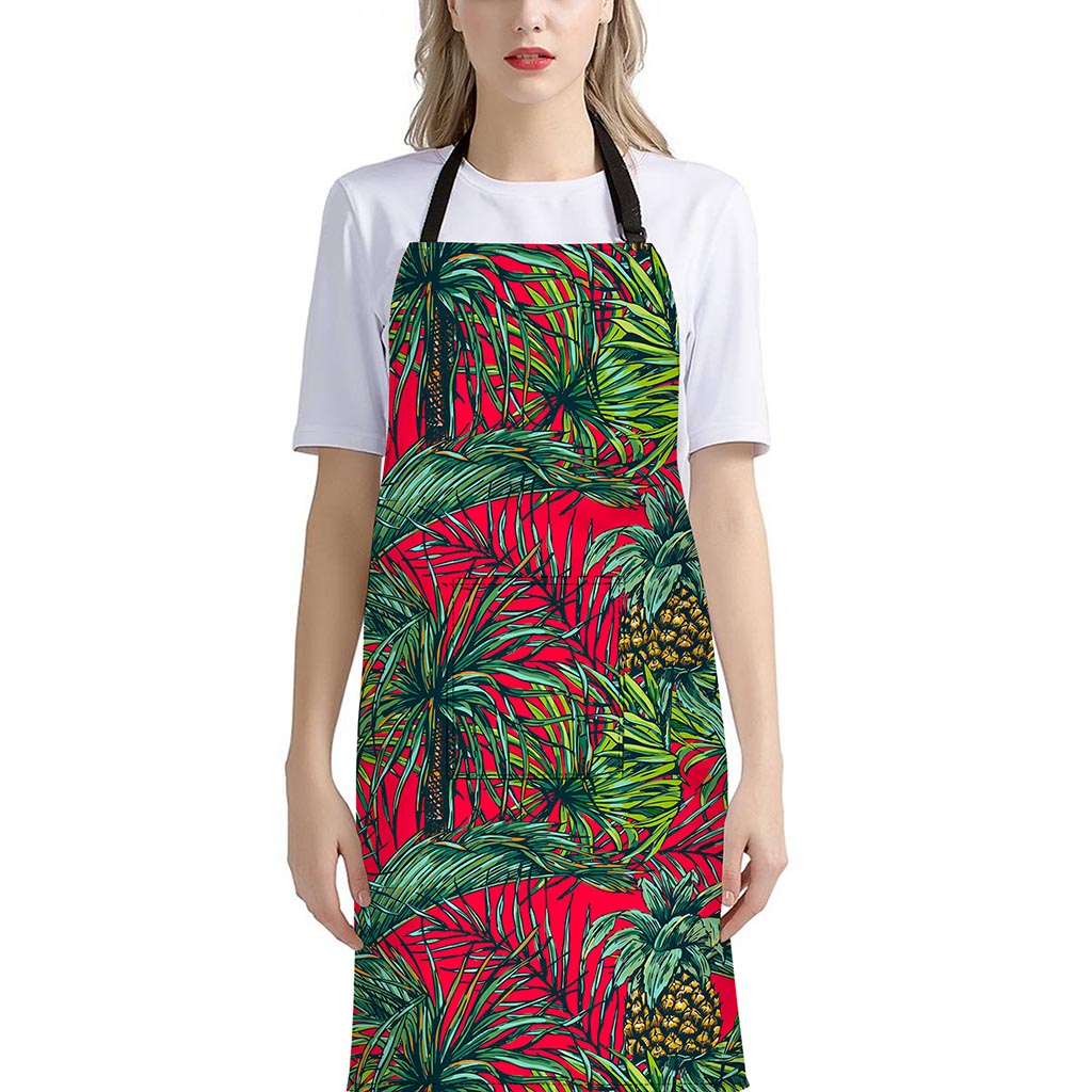 Pineapple Leaves Hawaii Pattern Print Bib Apron With Pocket