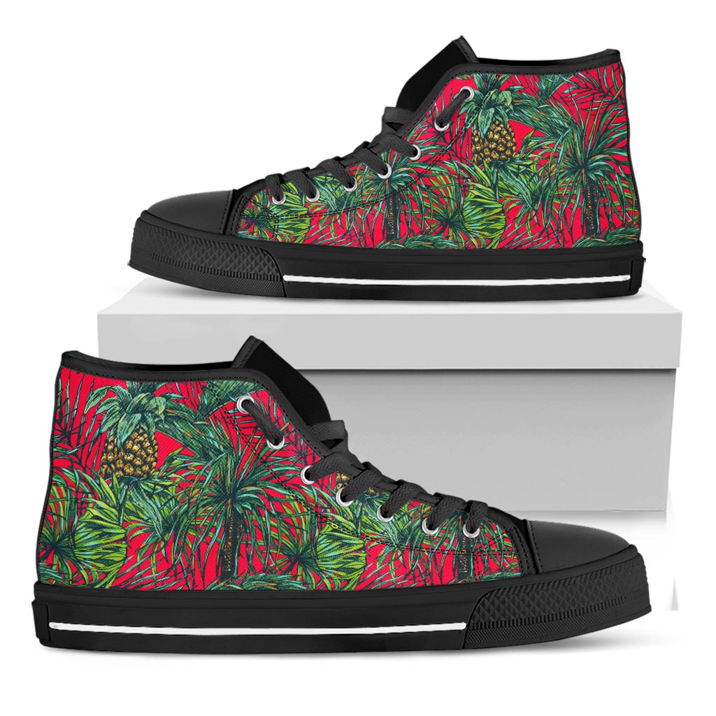 Pineapple Leaves Hawaii Pattern Print Black High Top Sneakers