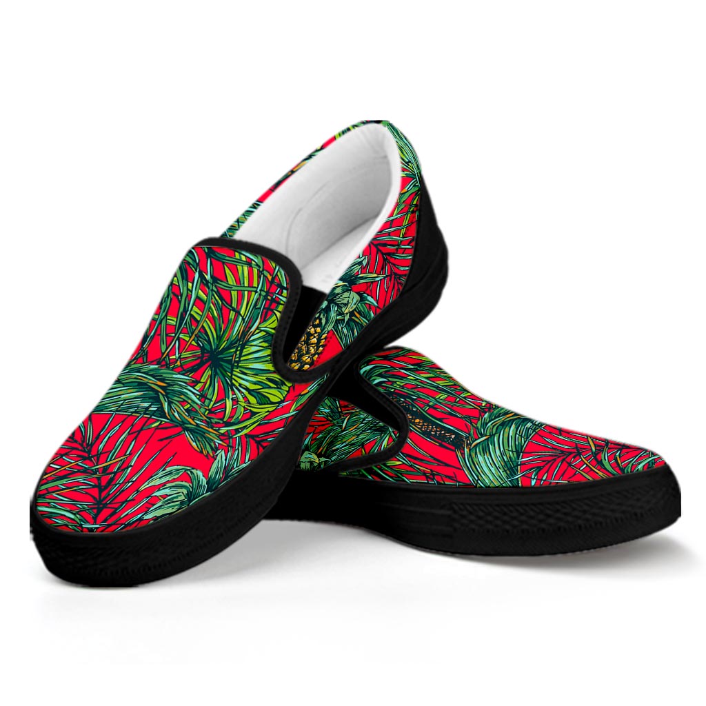 Pineapple Leaves Hawaii Pattern Print Black Slip On Sneakers