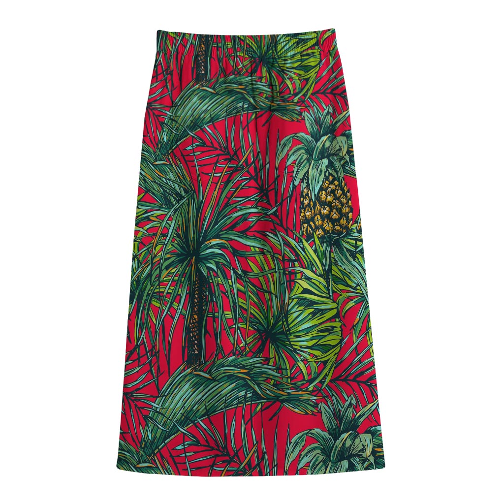 Pineapple Leaves Hawaii Pattern Print Cotton Front Slit Maxi Skirt