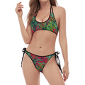 Pineapple Leaves Hawaii Pattern Print Halter Scoop Tie Side Bikini