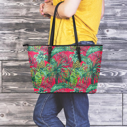 Pineapple Leaves Hawaii Pattern Print Leather Tote Bag