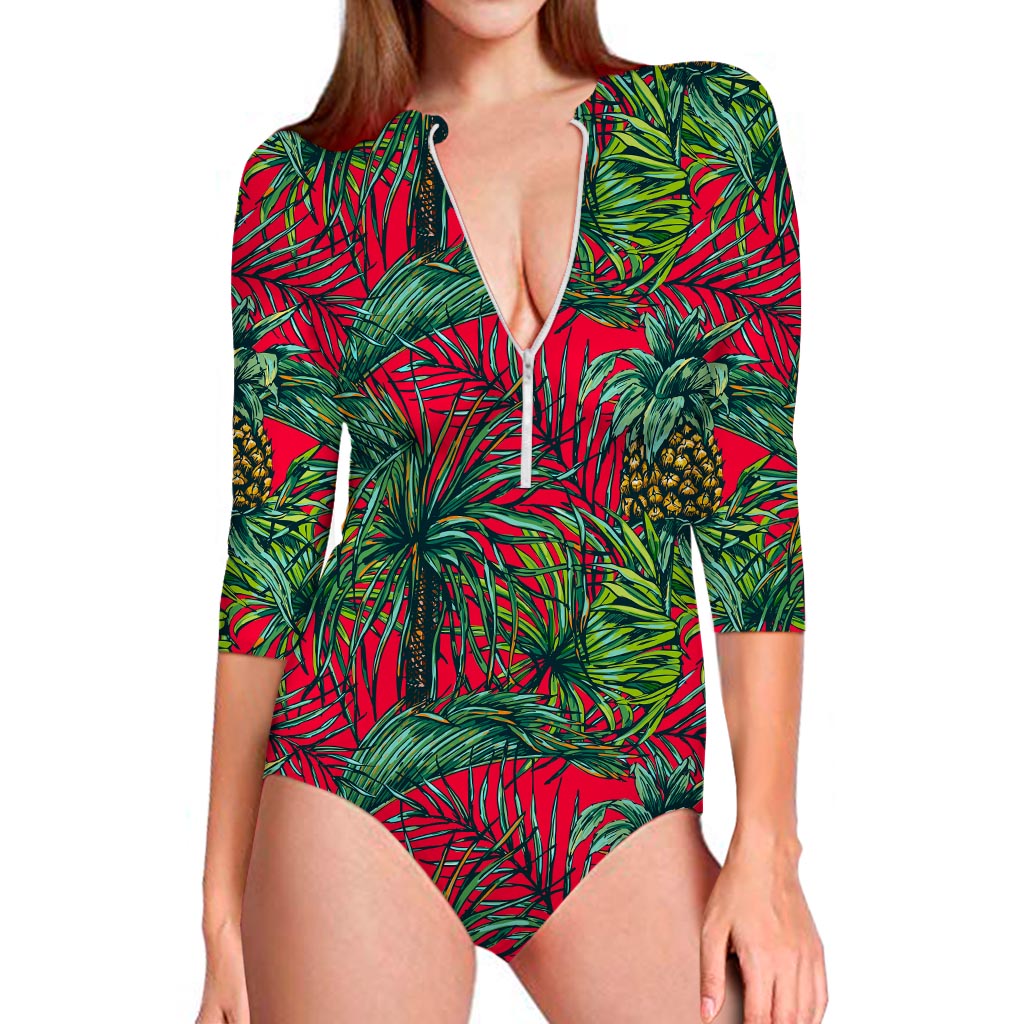 Pineapple Leaves Hawaii Pattern Print Long Sleeve Swimsuit