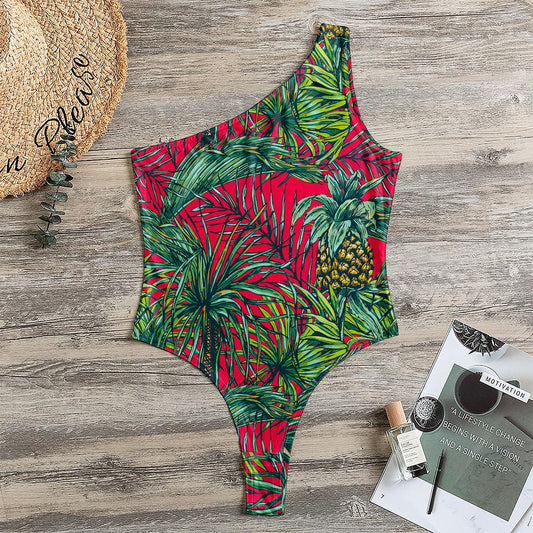 Pineapple Leaves Hawaii Pattern Print One Shoulder Bodysuit