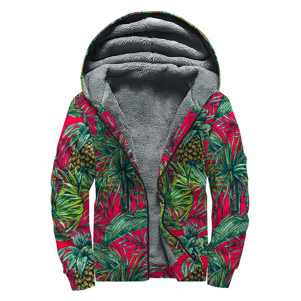 Pineapple Leaves Hawaii Pattern Print Sherpa Lined Zip Up Hoodie