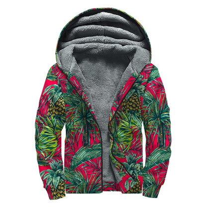 Pineapple Leaves Hawaii Pattern Print Sherpa Lined Zip Up Hoodie