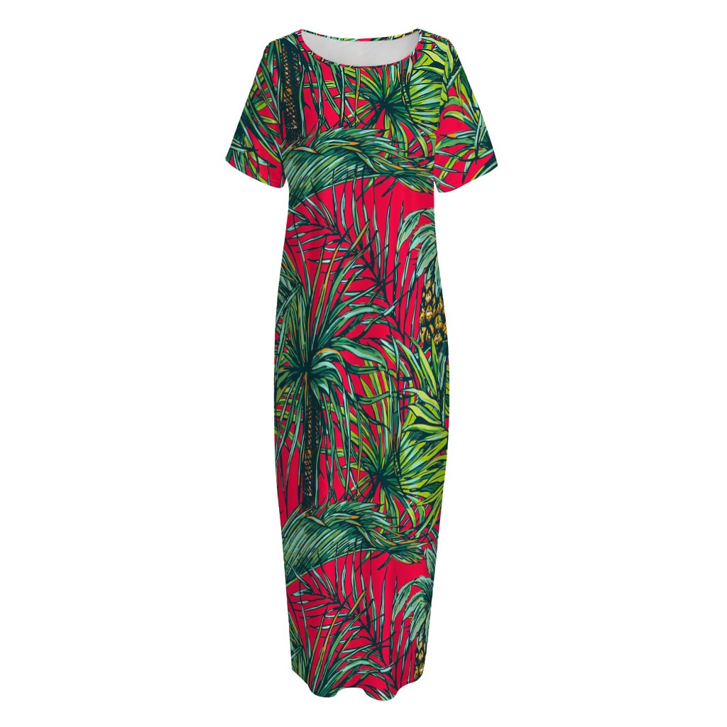 Pineapple Leaves Hawaii Pattern Print Short Sleeve Long Nightdress