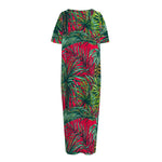 Pineapple Leaves Hawaii Pattern Print Short Sleeve Long Nightdress