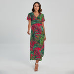 Pineapple Leaves Hawaii Pattern Print Short Sleeve Maxi Dress