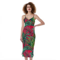 Pineapple Leaves Hawaii Pattern Print Slim Fit Midi Cami Dress