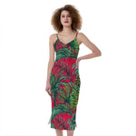 Pineapple Leaves Hawaii Pattern Print Slim Fit Midi Cami Dress