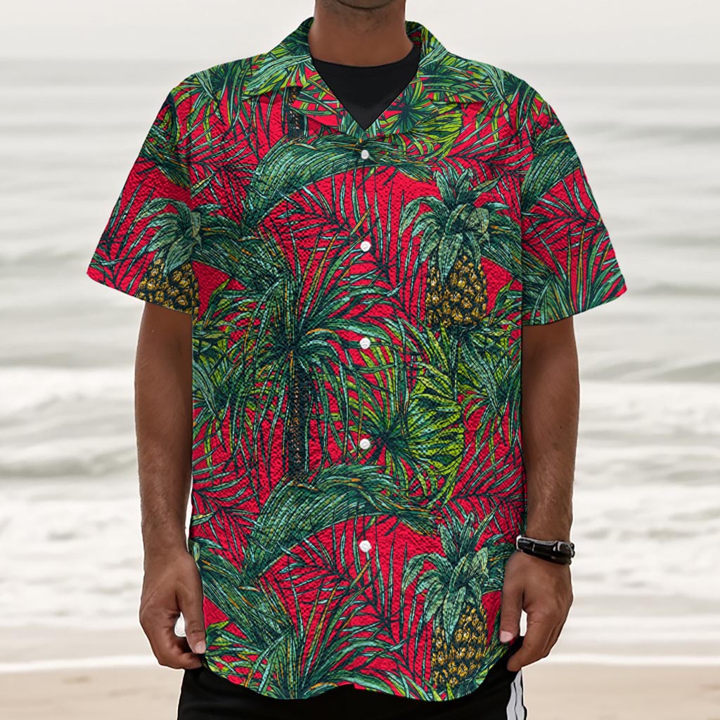 Pineapple Leaves Hawaii Pattern Print Textured Short Sleeve Shirt