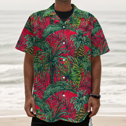 Pineapple Leaves Hawaii Pattern Print Textured Short Sleeve Shirt