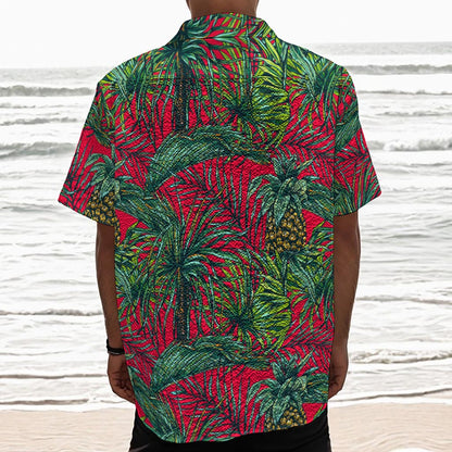 Pineapple Leaves Hawaii Pattern Print Textured Short Sleeve Shirt