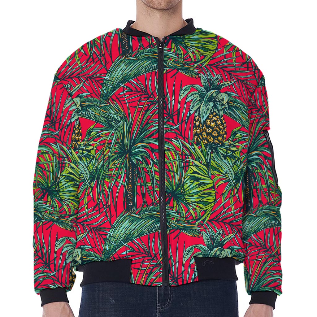 Pineapple Leaves Hawaii Pattern Print Zip Sleeve Bomber Jacket