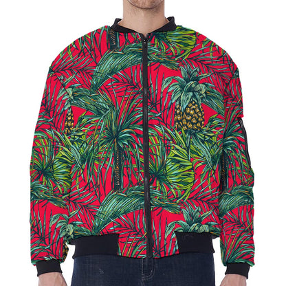 Pineapple Leaves Hawaii Pattern Print Zip Sleeve Bomber Jacket