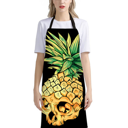 Pineapple Skull Print Bib Apron With Pocket