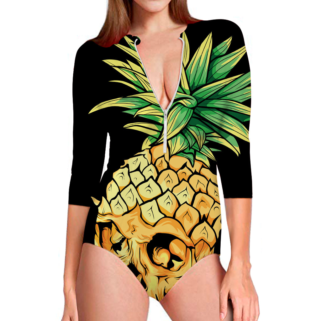 Pineapple Skull Print Long Sleeve Swimsuit