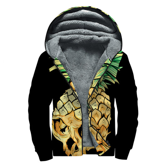 Pineapple Skull Print Sherpa Lined Zip Up Hoodie