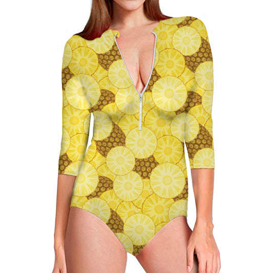Pineapple Slices Pattern Print Long Sleeve Swimsuit