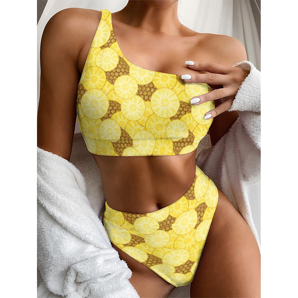 Pineapple Slices Pattern Print One Shoulder Bikini Top