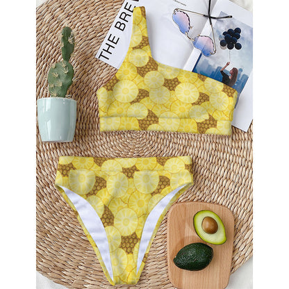 Pineapple Slices Pattern Print One Shoulder Bikini Top
