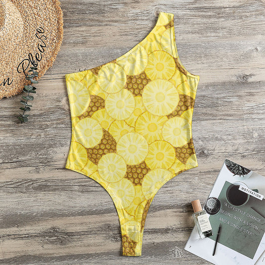 Pineapple Slices Pattern Print One Shoulder Bodysuit