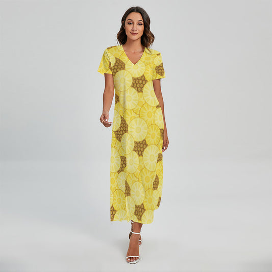 Pineapple Slices Pattern Print Short Sleeve Maxi Dress