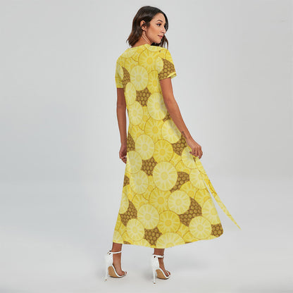 Pineapple Slices Pattern Print Short Sleeve Maxi Dress