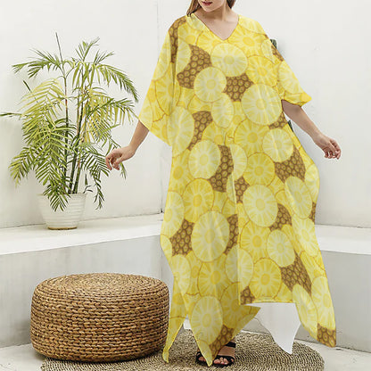 Pineapple Slices Pattern Print Silk V-Neck Kaftan Dress