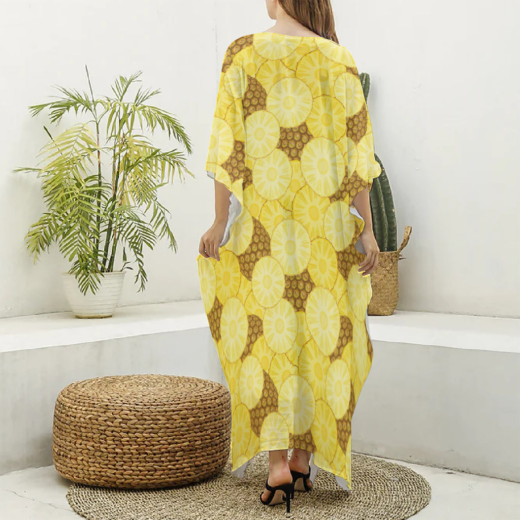 Pineapple Slices Pattern Print Silk V-Neck Kaftan Dress