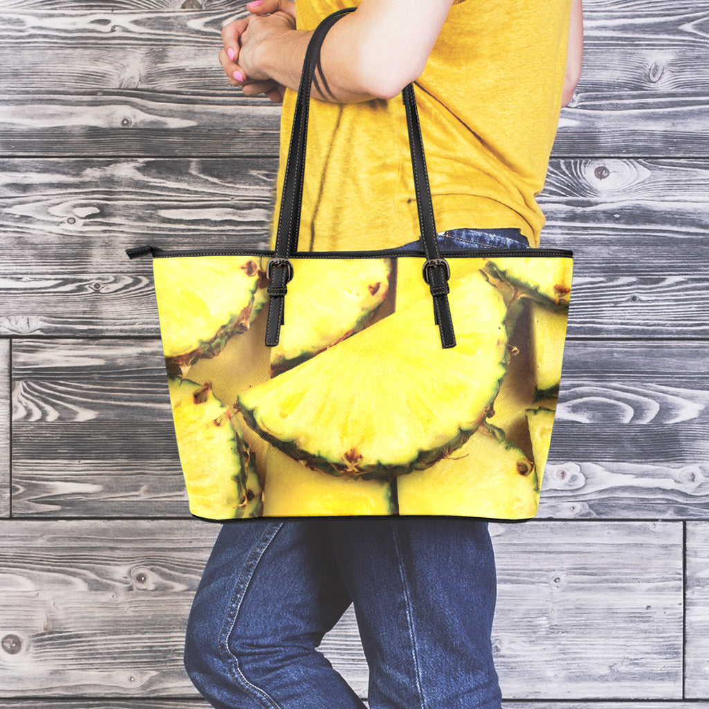 Pineapple Slices Print Leather Tote Bag